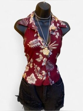 Vintage Y2K Red Floral Hawaiian Print Button Up Halter Top